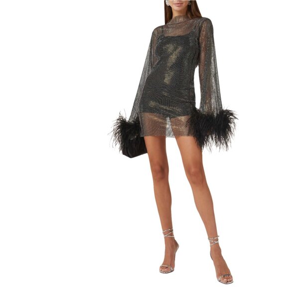 Santa Brands Black Rhinestone Ostrich Feather Mini Dress - Picture 3 of 11